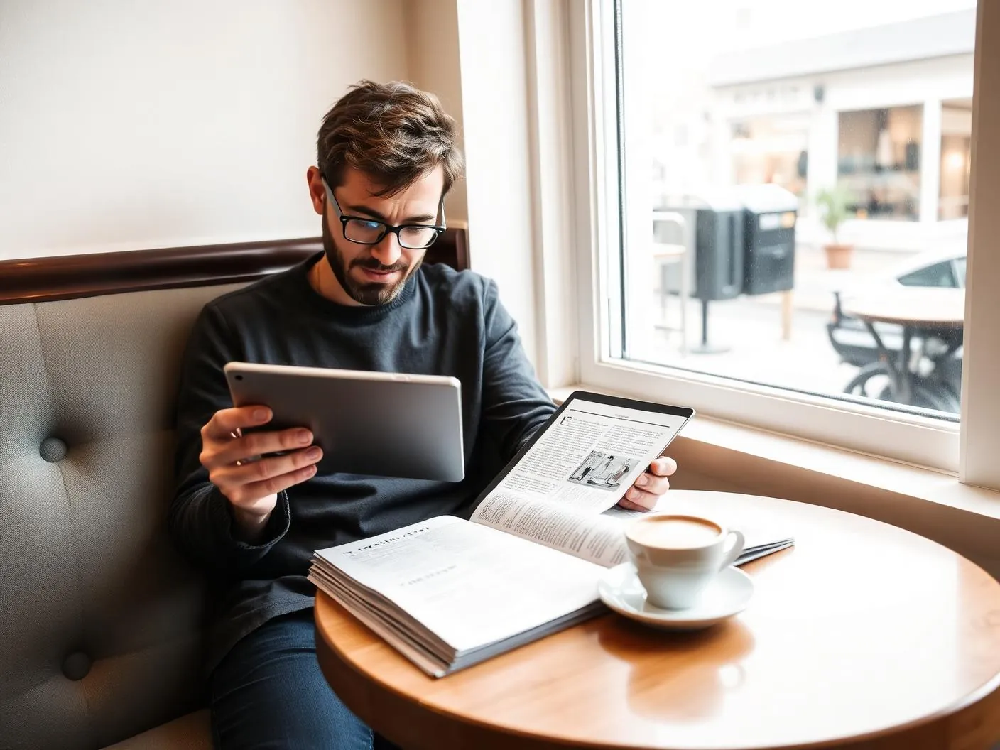 Reader working through a long-form article on a tablet in a bright cafe window seat Reader working through a long-form article on a tablet in a bright cafe window seat
