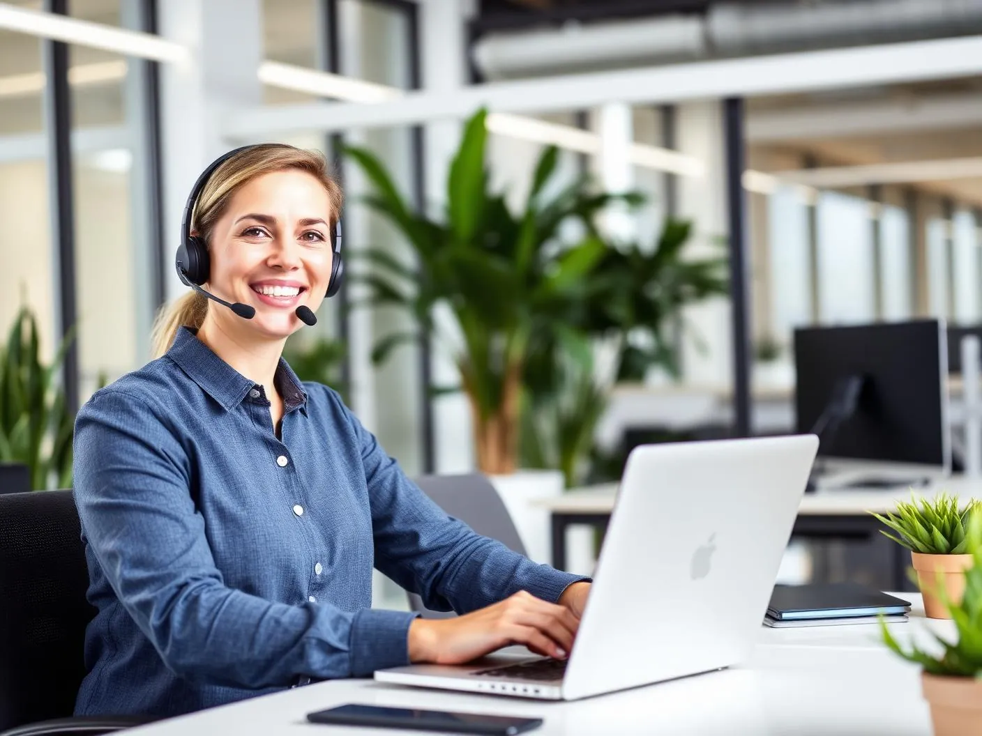 Support specialist wearing a headset smiling at a laptop in a bright modern office Support specialist wearing a headset smiling at a laptop in a bright modern office