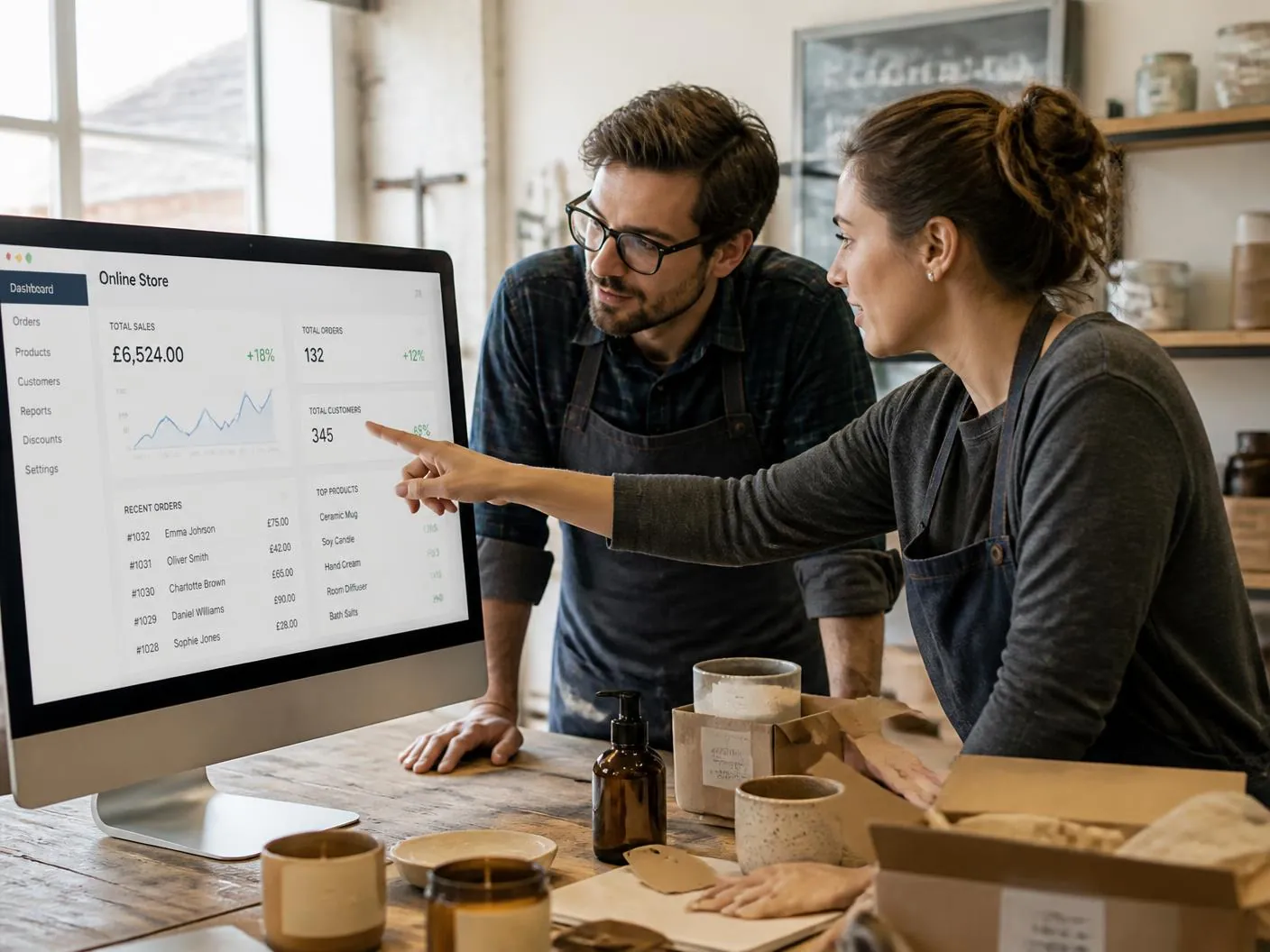 Two merchants reviewing their online store dashboard in a workshop Two merchants reviewing their online store dashboard in a workshop