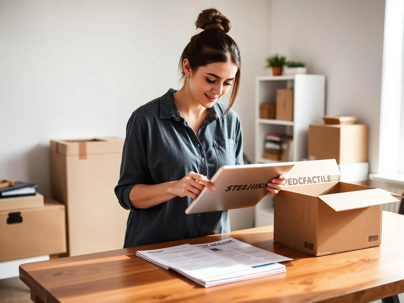 Shop owner following a step-by-step guide on a tablet while packing product boxes Shop owner following a step-by-step guide on a tablet while packing product boxes