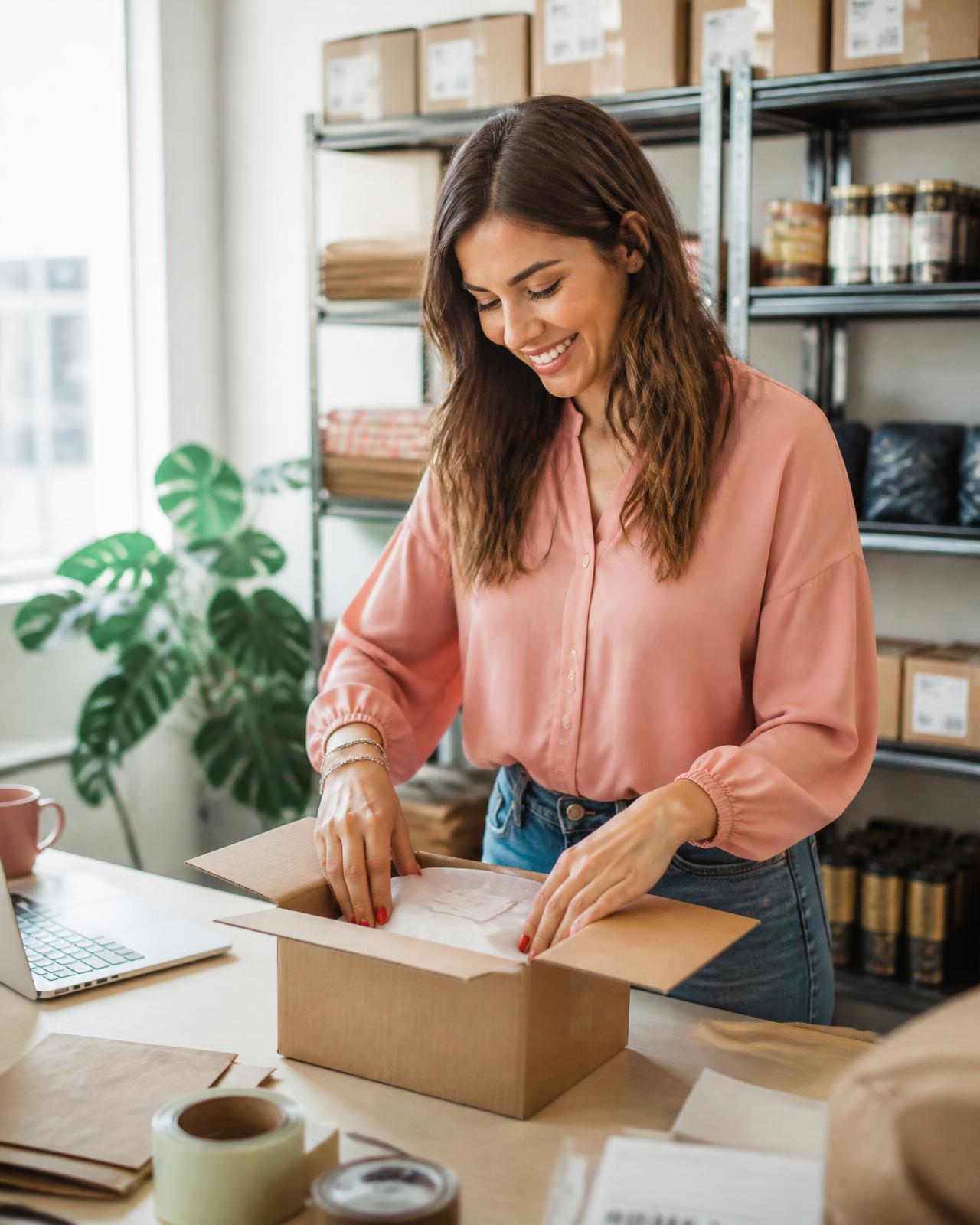 Small business owner packing customer orders at her studio workbench