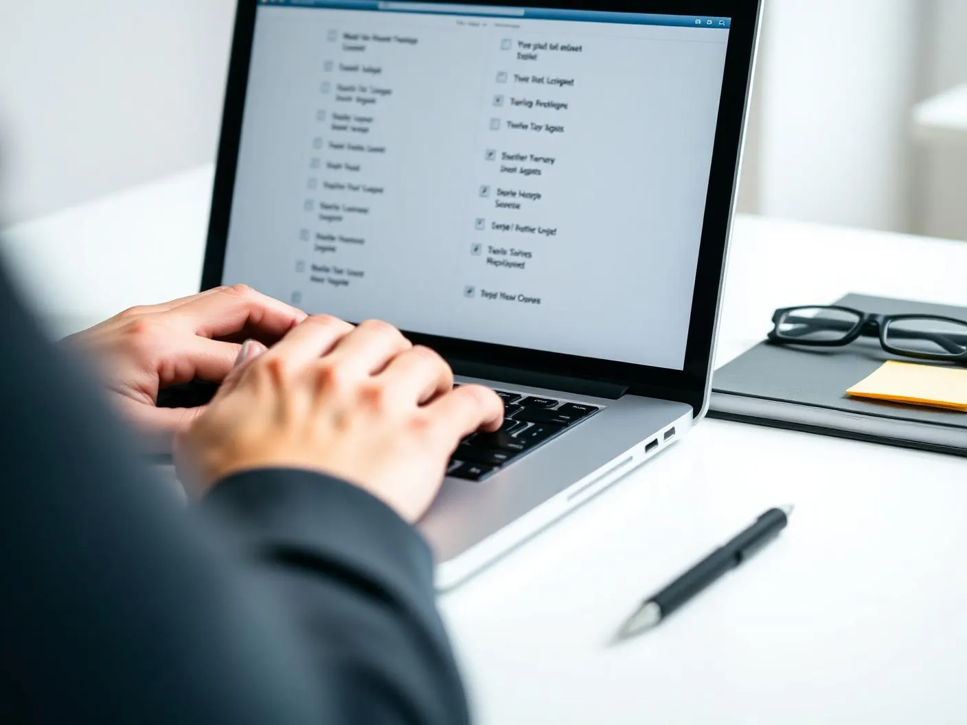 Hands typing on a laptop showing a numbered task checklist beside sticky notes Hands typing on a laptop showing a numbered task checklist beside sticky notes