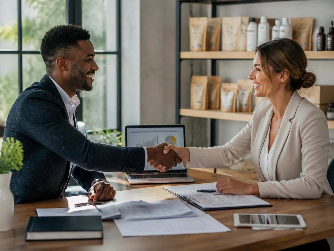 Two entrepreneurs shaking hands over a laptop and paperwork while agreeing an online business sale Two entrepreneurs shaking hands over a laptop and paperwork while agreeing an online business sale
