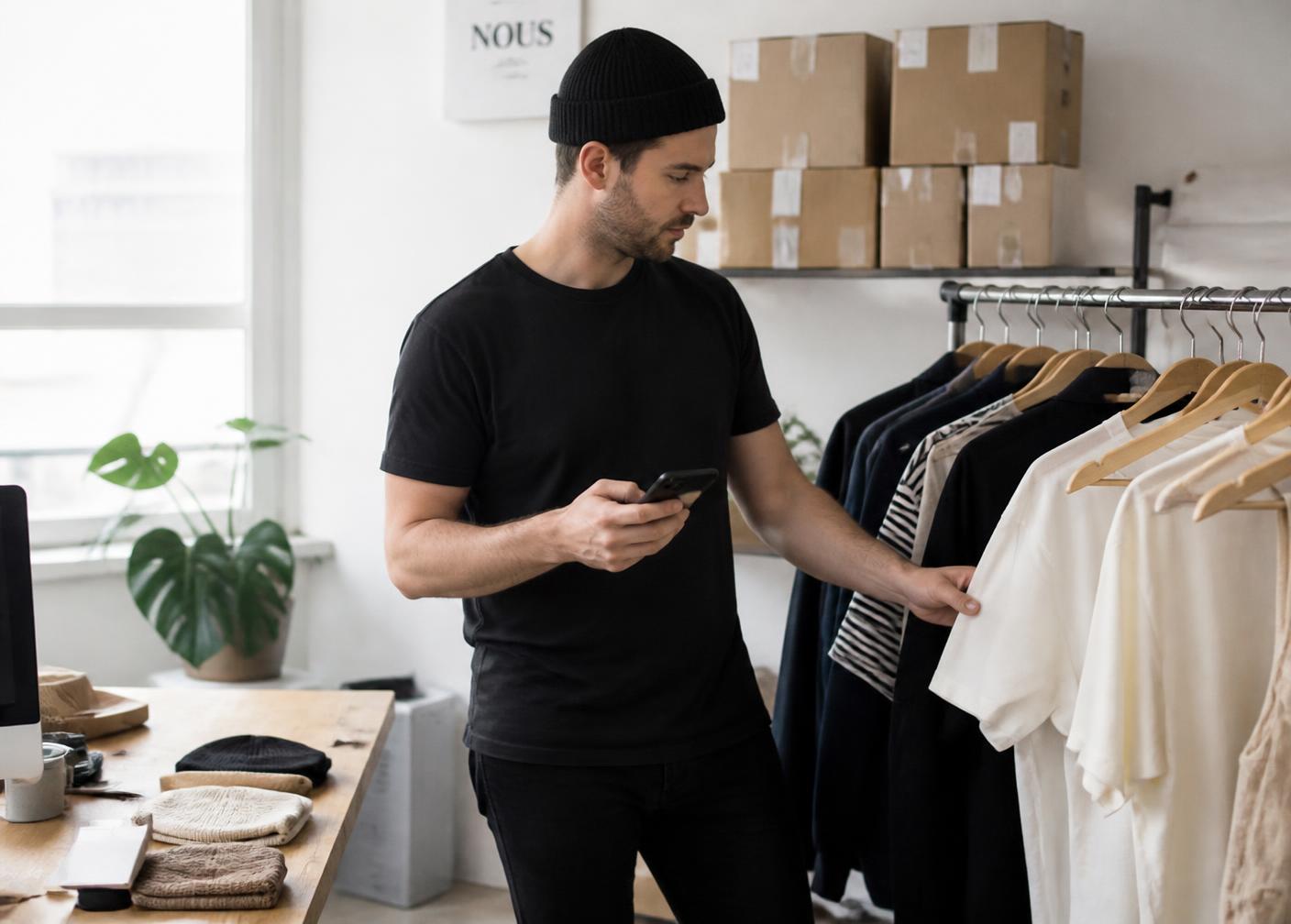 Independent clothing brand owner checking stock on his phone in a studio