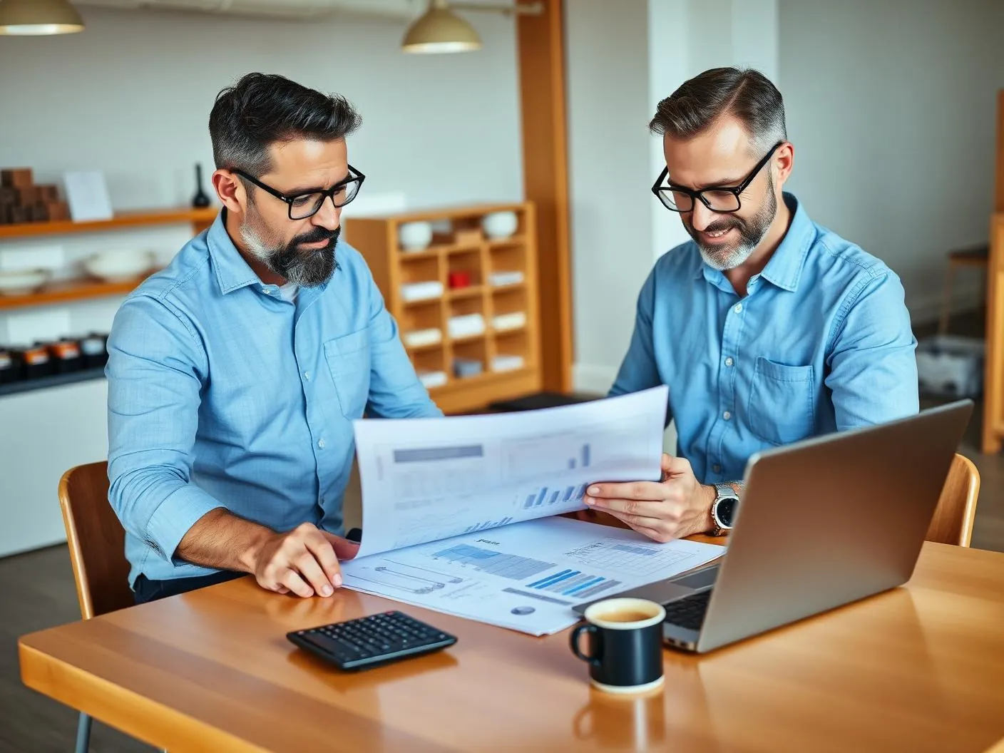 Two shop owners comparing plan costs on a laptop and printed figures at a bright table Two shop owners comparing plan costs on a laptop and printed figures at a bright table