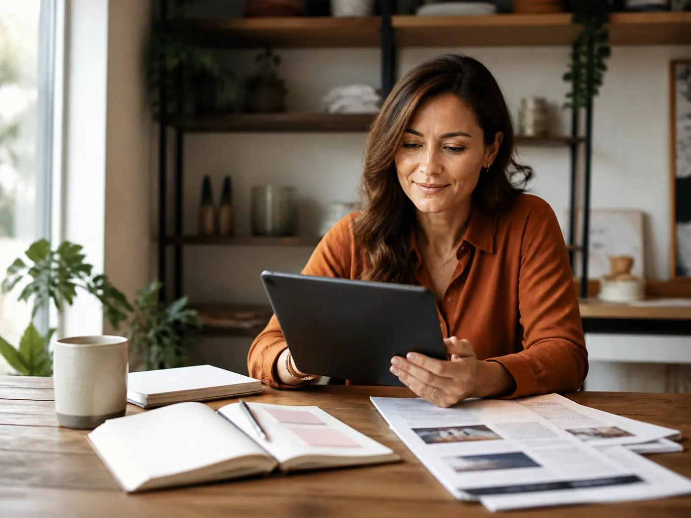 Store owner reading a growth guide on a tablet at a bright table with notebooks and printed playbooks Store owner reading a growth guide on a tablet at a bright table with notebooks and printed playbooks