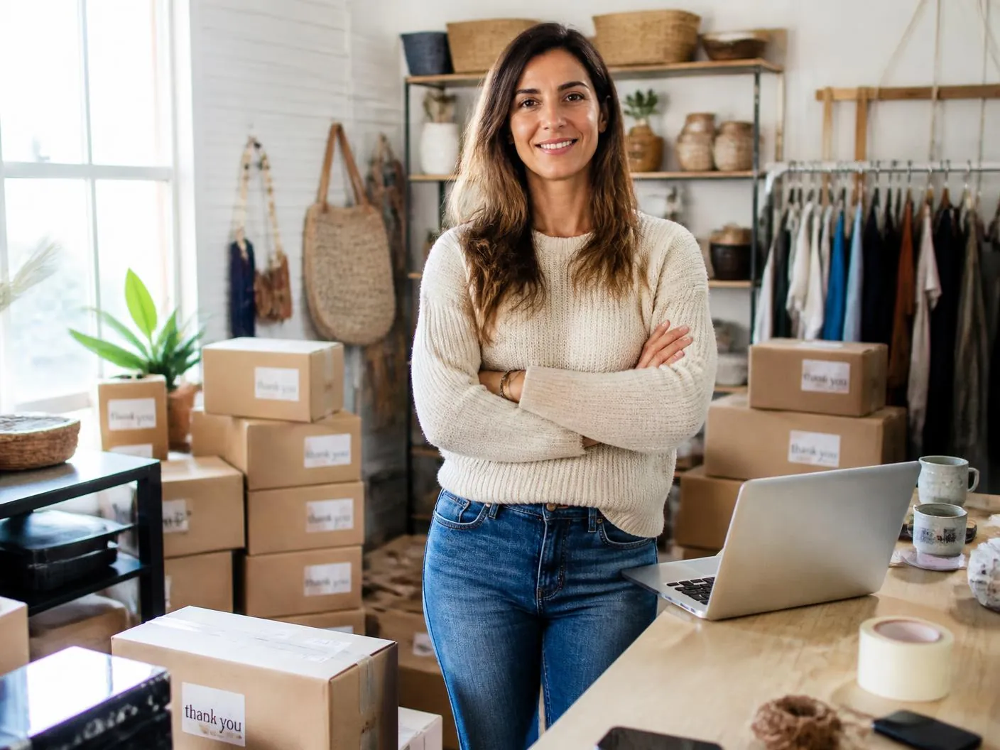 Independent store owner in her studio surrounded by orders ready to ship Independent store owner in her studio surrounded by orders ready to ship