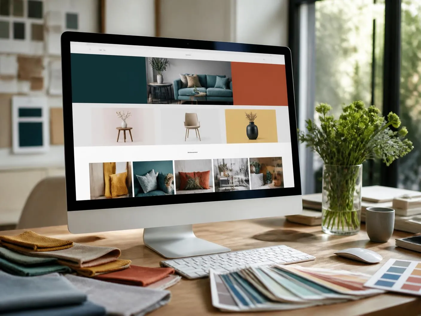Designer's desk with a monitor showing a modern online store homepage beside fabric swatches and colour cards Designer's desk with a monitor showing a modern online store homepage beside fabric swatches and colour cards