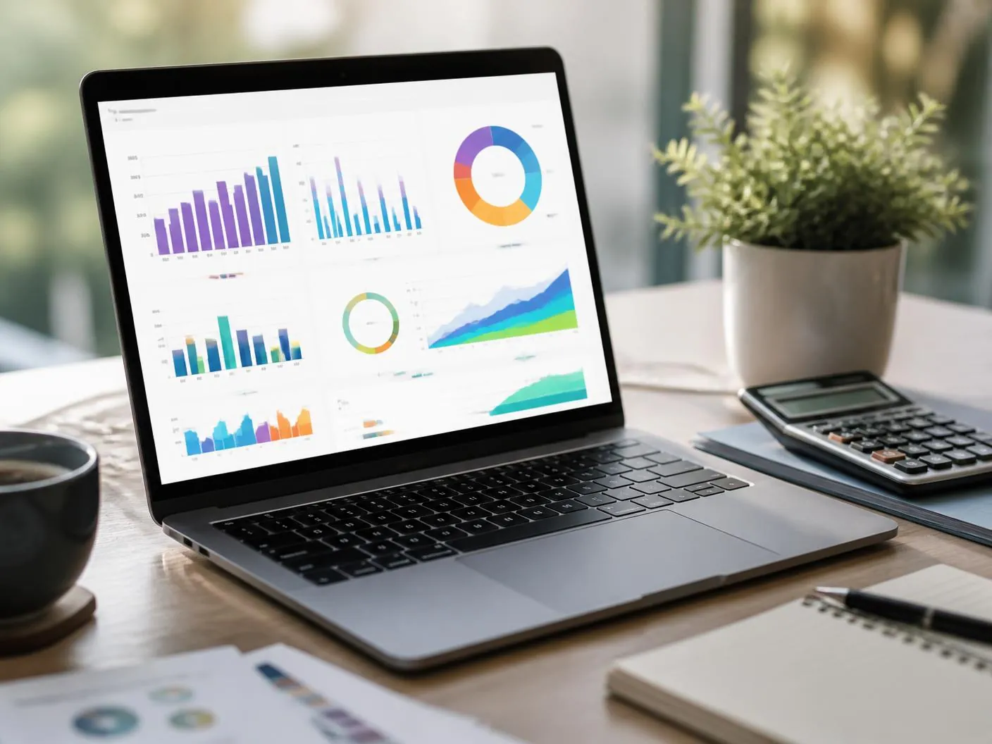 Laptop on a desk showing colourful store analytics dashboards beside a calculator and notepad Laptop on a desk showing colourful store analytics dashboards beside a calculator and notepad